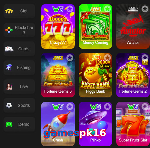 Main screen of Gamespk16 game page for PK players
